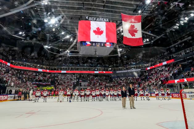 FRIBOURG, SWITZERLAND - MAY 26: Both team aligned on the blue line during Canada National Anthems during the 2026 IIHF Ice hockey, Eishockey World Championship, WM, Weltmeisterschaft Switzerland game between Czechia and Canada at BCF Arena on May 26, 2026 in Fribourg, Fribourg. Fribourg BCF Arena Fribourg Switzerland Copyright: xJustPictures.ch JarixPestelaccix jp-en-EuSpIm-JP6_JAR_Czechia_Canada_26May2026_00225
