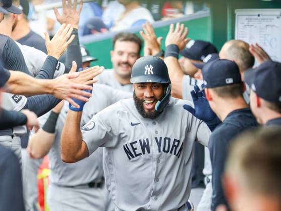 MAY 26, 2026: New York Yankees infielder Amed Rosario (14) celebrates in the dugout against the Kansas City Royals at Kauffman Stadium in Kansas City, MO. CSM Kansas City United States - ZUMAc04_ 20260526_zma_c04_072 Copyright: xRomanxPunox