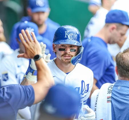 MAY 26, 2026: Kansas City Royals shortstop Bobby Witt Jr. (7) celebrates in the dugout against the Kansas City Royals at Kauffman Stadium in Kansas City, MO. CSM Kansas City United States - ZUMAc04_ 20260526_zma_c04_073 Copyright: xRomanxPunox