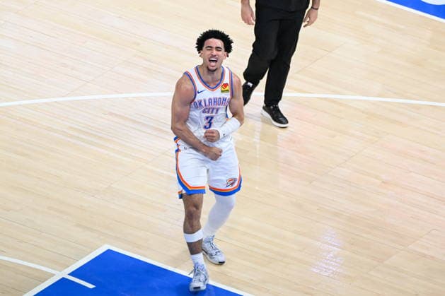NBA, Basketball Herren, USA West Conference Finals Game 5 - San Antonio Spurs at Oklahoma City Thunder Oklahoma City Thunder s Jared McCain celebrates during Game 5 of the NBA West Conference Finals between Oklahoma City Thunder and San Antonio Spurs in Oklahoma City, USA, 26 May 2026. Oklahoma City OKLAHOMA United States  Copyright: xMANUELAxSOLDIx