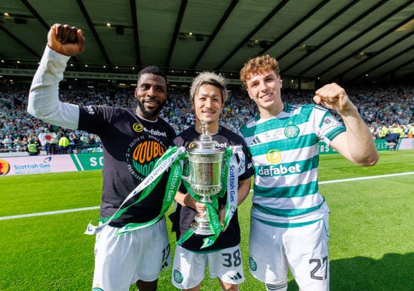 23.05.2026 Celtic v Dunfermline Athletic, Scottish Gas Scottish Cup Final ....................... Kelechi Iheanacho with Daizen Maeda and Arne Engels  Copyright: xKennyxRamsayx NINTCHDBPICT001084165097