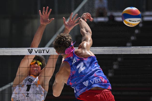 From left Krystof Oliva of Czech Republic and Jiri Sedlak of Czech Republic during the match Krystof Oliva and Vaclav Kurka of Czech Republic vs Ondrej Perusic and Jiri Sedlak of Czech Republic at the Pro Tour, Beach volleyball, Beachvolleyball tournament of Elite category, Ostrava, Czech Republic, May 27, 2026. (CTKxPhoto JaroslavxOzana) CTKPhotoP2026052705417  CTKPhotoP2026052705417