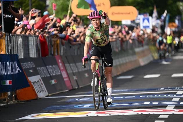 May 27, 2026, Andalo, ITALY: Danish rider Michael Valgren of Ef Education - Easypost, celebrates crossing the finish line to win the 17th stage of the 109 Giro d Italia, over 202 km from Cassano d Adda to Andalo, Italy, 27 may 2026. ANSA LUCA ZENNARO. ITALY CYCLING GIRO D ITALIA  - ZUMAa110 20260527_zaf_a110_030 Copyright: xLucaxZennarox