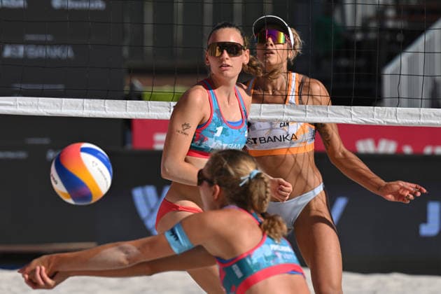 Melissa Human-Paredes, Brandie Wilkerson (right) of Canada and Katerina Pavelkova (left), Anna Pavelkova (front) of Czech Republic in action during the match at the Pro Tour, Beach volleyball, Beachvolleyball tournament of Elite category, Ostrava, Czech Republic, May 27, 2026. (CTKxPhoto JaroslavxOzana) CTKPhotoP2026052708156  CTKPhotoP2026052708156