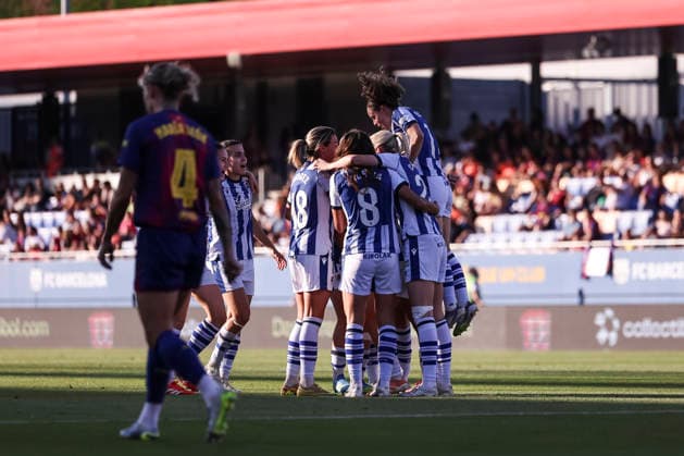 May 27, 2026, Sant Joan Despi, Barcelona, Spain: Emma Ramirez Gorgoso of Real Sociedad celebrates a goal with teammates during the Spanish Women league, Liga F, football match played between FC Barcelona, Barca and Real Sociedad at Johan Cruyff Stadium on May 27, 2026 in Sant Joan Despi, Barcelona. FC Barcelona V Real Sociedad - Liga F  - ZUMAa181 20260527_zaa_a181_053 Copyright: xJavierxBorregox