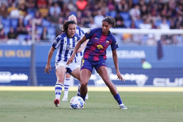 May 27, 2026, Sant Joan Despi, Barcelona, Spain: Sydney Joy Schertenleib of FC Barcelona, Barca and Paula Fernandez Jimenez of Real Sociedad in action during the Spanish Women league, Liga F, football match played between FC Barcelona and Real Sociedad at Johan Cruyff Stadium on May 27, 2026 in Sant Joan Despi, Barcelona. Sant Joan Despi Spain - ZUMAa181 20260527_zaa_a181_074 Copyright: xJavierxBorregox