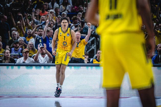 Basketball Berlin 27.05.2026 Saison 2025 2026 EasyCredit BBL 1. Bundesliga Männer, Herren Playoffs Viertelfinale Spiel 5 Alba Berlin - RASTA Vechta Jack Kayil (Alba Berlin, No.07) Jubel