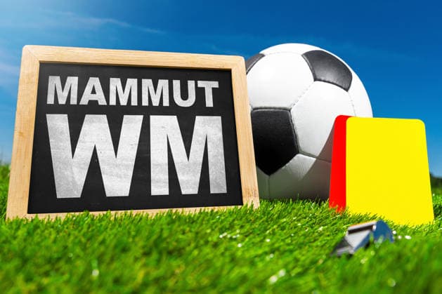 Germany - May 22, 2026: PHOTO MONTAGE. The words Mammoth World Cup next to a soccer ball and referee cards symbolize the enormous scale of the 2026 World Cup, featuring 48 teams, 104 matches, and three host countries. *** FOTOMONTAGE, Die Aufschrift Mammut WM neben Fußball und Schiedsrichterkarten symbolisiert die enorme Größe der WM 2026 mit 48 Teams, 104 Spielen und drei Gastgeberländern.