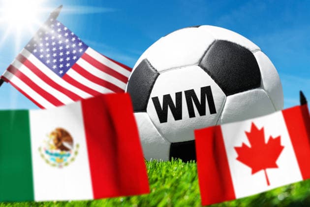 Germany - May 27, 2026: PHOTO MONTAGE, symbolic image for the 2026 FIFA World Cup, WM, Weltmeisterschaft, Fussball - A soccer ball bearing the letters WM on the field in front of the national flags of the United States, Mexico, and Canada. The image symbolizes the tournament being held in North America. *** FOTOMONTAGE, Symbolfoto zur Fußball-Weltmeisterschaft 2026 - Fußball mit dem Schriftzug WM vor den Nationalflaggen der USA, Mexikos und Kanadas auf Spielfeldrasen. Das Motiv steht symbolisch für die Austragung in Nordamerika.