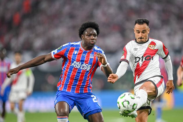 Jaydee Canvot (Crystal Palace) and Alvaro Garcia (Rayo Vallecano) battle for the ball during the UEFA Conference League Final 2026 match between Crystal Palace FC and Rayo Vallecano de Madrid at Football Arena Leipzig on May 27, 2026 in Leipzig, Germany. (Photo by Harry Langer DeFodi Images) -
