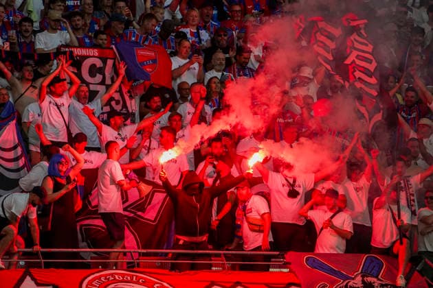 Germany: Football UEFA Conference League Final 2025 2026 Crystal Palace vs Rayo Vallecano Red Bull Arena (Leipzig): Zuschauer, Fans, Tribüne, Fahne, Transparent, Spruchband, Choreographie, Fanchoreo, Leipzig Copyright: xAymanxAlahmedx