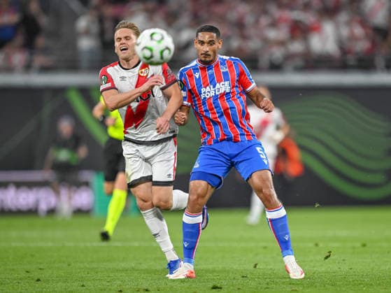 Alemao (Rayo Vallecano) and Maxence Lacroix (Crystal Palace) battle for the ball during the UEFA Conference League Final 2026 match between Crystal Palace FC and Rayo Vallecano de Madrid at Football Arena Leipzig on May 27, 2026 in Leipzig, Germany. (Photo by Harry Langer DeFodi Images) -