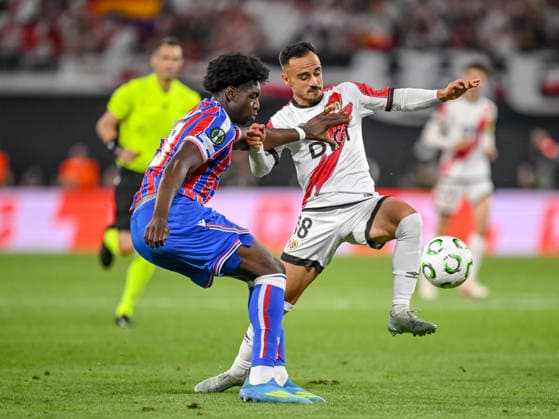 Jaydee Canvot (Crystal Palace) and Alvaro Garcia (Rayo Vallecano) battle for the ball during the UEFA Conference League Final 2026 match between Crystal Palace FC and Rayo Vallecano de Madrid at Football Arena Leipzig on May 27, 2026 in Leipzig, Germany. (Photo by Harry Langer DeFodi Images) -