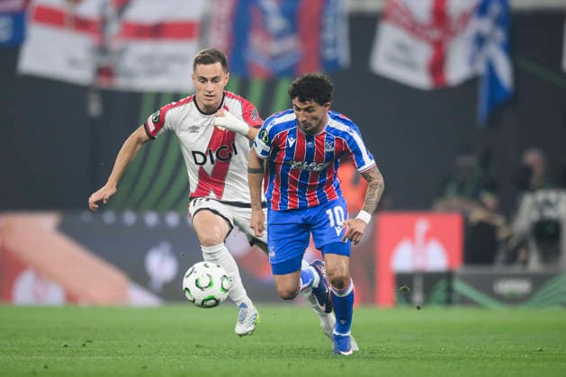 Crystal Palace FC v Rayo Vallecano de Madrid - UEFA Conference League Yeremy Pino of Crystal Palace FC competes for the ball with Jorge de Frutos of Rayo Vallecano de Madrid during the UEFA Conference League 2025 26 final football match between Crystal Palace FC and Rayo Vallecano de Madrid. Leipzig Germany Copyright: xNicolòxCampox