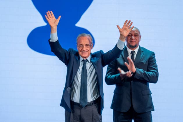 Florentino Perez with Roberto Carlos da Silva Rocha during his presentation of his candidacy for the presidency of Real Madrid CF. May 27, 2026. (20260527697)