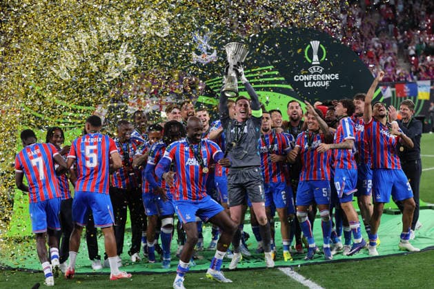 Crystal Palace - Rayo Vallecano Finale Conference League Leipzig, 27.05.2026, Leipzig Stadium, Fussball, Final UEFA Conference League , Crystal Palace (ENG) v. Rayo Vallecano Madrid (ESP) 0:1 (0:1) , CRYSTAL PALACE F.C. ist Sieger der UEFA Conference League 2026 , Nur zur redaktionellen Nutzung. Only editorial use. , UEFA regulations prohibit any use of photographs as image sequences and or quasi-video. ,