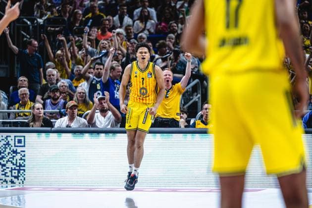 Basketball Berlin 27.05.2026 Saison 2025 2026 EasyCredit BBL 1. Bundesliga Männer, Herren Playoffs Viertelfinale Spiel 5 Alba Berlin - RASTA Vechta Jack Kayil (Alba Berlin, No.07) Jubel