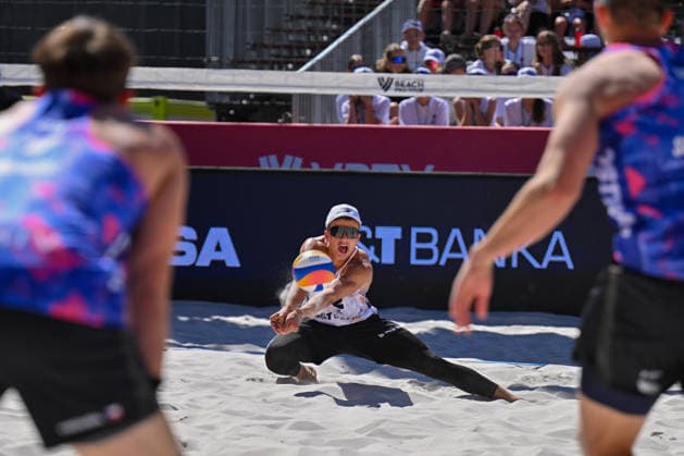 Tadeas Trousil (pictured), David Schweiner of Czech Republic and James Shaw, Miles Partain (pictured) of USA in action during the match at the Pro Tour, Beach volleyball, Beachvolleyball tournament of Elite category, Ostrava, Czech Republic, May 28, 2026. (CTKxPhoto JaroslavxOzana) CTKPhotoP2026052803314  CTKPhotoP2026052803314