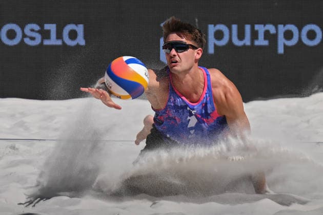 Tadeas Trousil (pictured), David Schweiner of Czech Republic and James Shaw, Miles Partain of USA in action during the match at the Pro Tour, Beach volleyball, Beachvolleyball tournament of Elite category, Ostrava, Czech Republic, May 28, 2026. (CTKxPhoto JaroslavxOzana) CTKPhotoP2026052803394  CTKPhotoP2026052803394