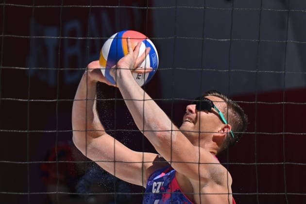 Tadeas Trousil, David Schweiner (pictured) of Czech Republic and James Shaw, Miles Partain of USA in action during the match at the Pro Tour, Beach volleyball, Beachvolleyball tournament of Elite category, Ostrava, Czech Republic, May 28, 2026. (CTKxPhoto JaroslavxOzana) CTKPhotoP2026052803506  CTKPhotoP2026052803506