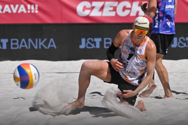 Tadeas Trousil, David Schweiner of Czech Republic and James Shaw (pictured), Miles Partain of USA in action during the match at the Pro Tour, Beach volleyball, Beachvolleyball tournament of Elite category, Ostrava, Czech Republic, May 28, 2026. (CTKxPhoto JaroslavxOzana) CTKPhotoP2026052803607  CTKPhotoP2026052803607