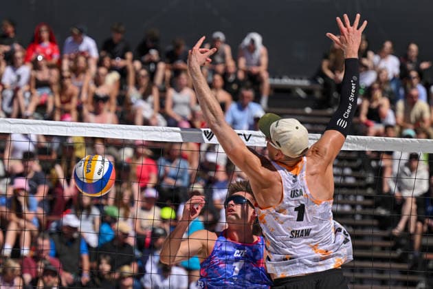 Tadeas Trousil (left), David Schweiner of Czech Republic and James Shaw (right), Miles Partain of USA in action during the match at the Pro Tour, Beach volleyball, Beachvolleyball tournament of Elite category, Ostrava, Czech Republic, May 28, 2026. (CTKxPhoto JaroslavxOzana) CTKPhotoP2026052803623  CTKPhotoP2026052803623