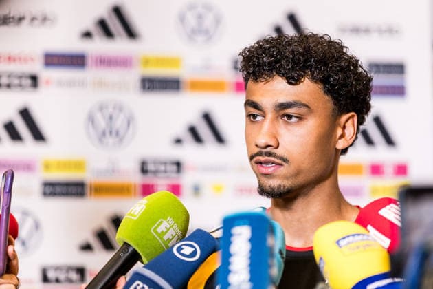 HERZOGENAURACH, GERMANY - MAY 28: Nathaniel Brown (Germany, 18) during a media session during the training camp of Germany to prepare for the FIFA World Cup, WM, Weltmeisterschaft, Fussball 2026 on May 28, 2026 in Herzogenaurach, Germany. Bavaria Germany Copyright: xSteffiexWunderlx
