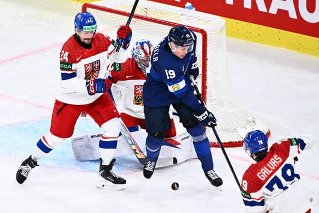 From left Jan Scotka of Czech Republic, goalkeeper Josef Korenar of Czech Republic and Waltteri Merela of Finland in action during the quarterfinal match Finland vs Czech Republic at the 2026 IIHF Ice hockey, Eishockey World Championship, WM, Weltmeisterschaft on May 28, 2026, Zurich, Switzerland. (CTKxPhoto RadekxPetrasek) CTKPhotoP2026052806645  CTKPhotoP2026052806645