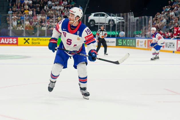 FRIBOURG, SWITZERLAND - MAY 28: Matthew Tkachuk of United States in action during the 2026 IIHF Ice hockey, Eishockey World Championship, WM, Weltmeisterschaft Switzerland game between Canada and USA at BCF Arena on May 28, 2026 in Fribourg, Fribourg. Fribourg BCF Arena Fribourg Switzerland Copyright: xJustPictures.ch JarixPestelaccix jp-en-EuSpIm-JP6_JAR_Canada_USA_28May2026_00160