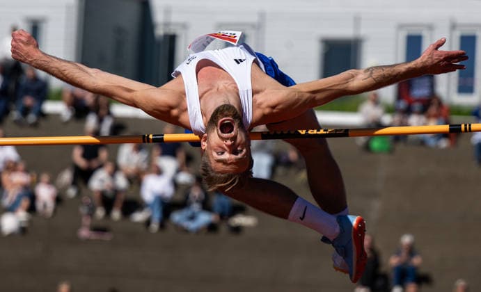 260528 Erlend Bolstad Raa of Norway competes in men™s high jump during the Trond Mohn Games on May 28, 2026 in Bergen. Photo: Marius Simensen BILDBYRAN COP 238 MM0068 athletics bbeng friidrett friidrott norge norway trond mohn games high jump höjdhopp Copyright: MARIUSxSIMENSEN BB260528ZI013