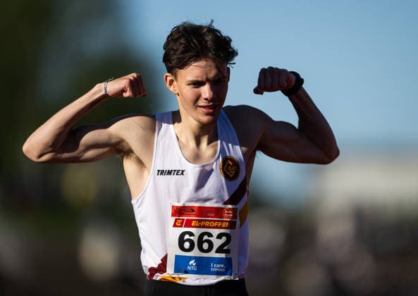 260528 Pierre Guillou of Gular celebrates after competing in men™s 800 meter during the Trond Mohn Games on May 28, 2026 in Bergen. Photo: Marius Simensen BILDBYRAN COP 238 MM0068 athletics bbeng friidrett friidrott norge norway trond mohn games jubel Copyright: MARIUSxSIMENSEN BB260528ZM017