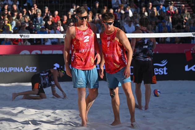 From left David Schweiner and Tadeas Trousil of Czech Republic during the match Tadeas Trousil and David Schweiner of Czech Republic vs Leon Luini and Matthew Immers of Netherlands at the Pro Tour, Beach volleyball, Beachvolleyball tournament of Elite category, Ostrava, Czech Republic, May 28, 2026. (CTKxPhoto JaroslavxOzana) CTKPhotoP2026052808388  CTKPhotoP2026052808388