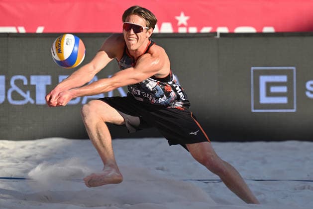 Leon Luini of Netherlands in action during the match Tadeas Trousil and David Schweiner of Czech Republic vs Leon Luini and Matthew Immers of Netherlands at the Pro Tour, Beach volleyball, Beachvolleyball tournament of Elite category, Ostrava, Czech Republic, May 28, 2026. (CTKxPhoto JaroslavxOzana) CTKPhotoP2026052808395  CTKPhotoP2026052808395