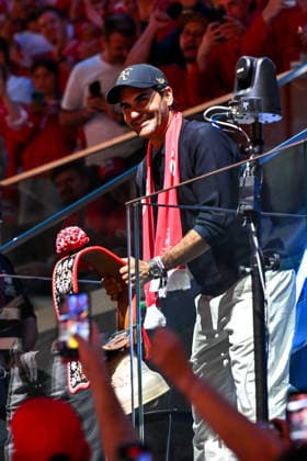 ZURICH, SWITZERLAND - MAY 28: Former tennis player Roger Federer during the 2026 IIHF Ice hockey, Eishockey World Championship, WM, Weltmeisterschaft Switzerland game between Switzerland and Sweden at Swiss Life Arena on May 28, 2026 in Zurich, Zurich. Zurich Swiss Life Arena Zurich Switzerland Copyright: xJustPictures.ch AndreaxBrancax jp-en-EuSpIm-JP7_ANB_FinCze_28052026_1325