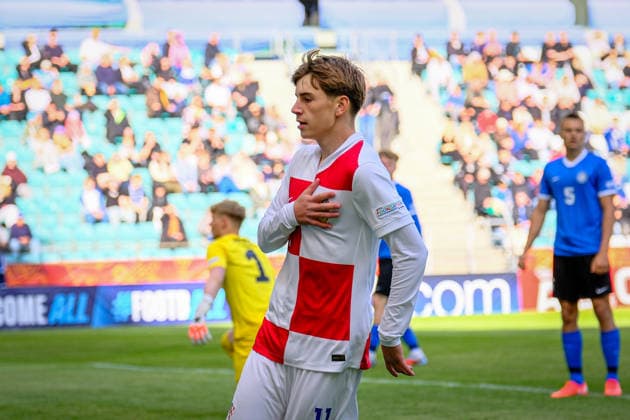 UEFA Under-17 European Championship, EM, Europameisterschaft Estonia 2026 Nik Skafar Zuzic celebrating scoring the first goal during the UEFA Under-17 European Championship Group-A match between Estonia U-17 vs Croatia U-17 national teams, Tallinn Estonia 28.05.2026 Tallinn A Le Coq Arena Estonia Copyright: xMaurixLevandix