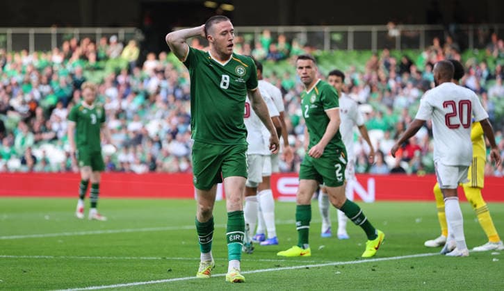International Friendly, Länderspiel, Nationalmannschaft Aviva Stadium, Dublin 28 5 2026 Republic of Ireland vs Qatar Ireland s Jack Moylan reacts to a missed chance Jack Moylan reacts to a missed chance 28 5 2026  Copyright: x INPHO RyanxByrnex RB2_7982