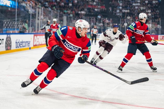 FRIBOURG, FRIBOURG - MAY 28: Johannes Johannesen of Norway during the 2026 IIHF World Championship, WM, Weltmeisterschaft match between Norway and Latvia at BCF Arena on May 28, 2026 in Fribourg, Fribourg, Switzerland.  Copyright: xLivioxBaeriswylx xSPPx Sportspressphoto_SPR156296
