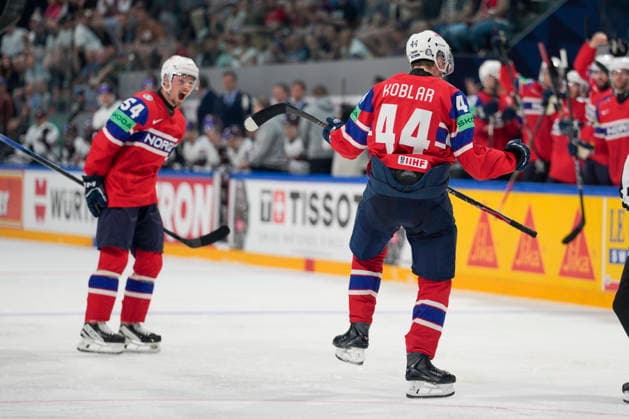 FRIBOURG, SWITZERLAND - MAY 28: Tinus Luc Koblar of Norway R) celebrates his goal during the 2026 IIHF Ice hockey, Eishockey World Championship, WM, Weltmeisterschaft Switzerland game between Norway and Latvia at BCF Arena on May 28, 2026 in Fribourg, Fribourg. Fribourg BCF Arena Fribourg Switzerland Copyright: xJustPictures.ch JarixPestelaccix jp-en-EuSpIm-JP6_JAR_Norway_Latvia_28May2026_00054