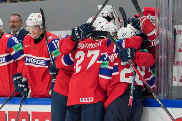 FRIBOURG, SWITZERLAND - MAY 28: Norway celebrates their 1-0 during the 2026 IIHF Ice hockey, Eishockey World Championship, WM, Weltmeisterschaft Switzerland game between Norway and Latvia at BCF Arena on May 28, 2026 in Fribourg, Fribourg. Fribourg BCF Arena Fribourg Switzerland Copyright: xJustPictures.ch JarixPestelaccix jp-en-EuSpIm-JP6_JAR_Norway_Latvia_28May2026_00058