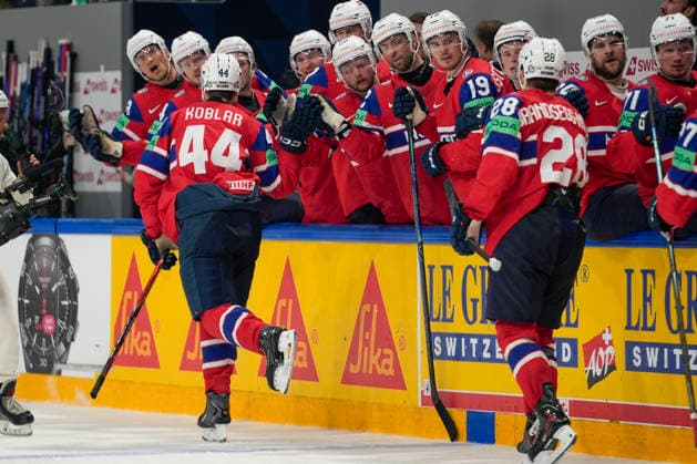 FRIBOURG, SWITZERLAND - MAY 28: Tinus Luc Koblar of Norway L) celebraretes his goal during the 2026 IIHF Ice hockey, Eishockey World Championship, WM, Weltmeisterschaft Switzerland game between Norway and Latvia at BCF Arena on May 28, 2026 in Fribourg, Fribourg. Fribourg BCF Arena Fribourg Switzerland Copyright: xJustPictures.ch JarixPestelaccix jp-en-EuSpIm-JP6_JAR_Norway_Latvia_28May2026_00059