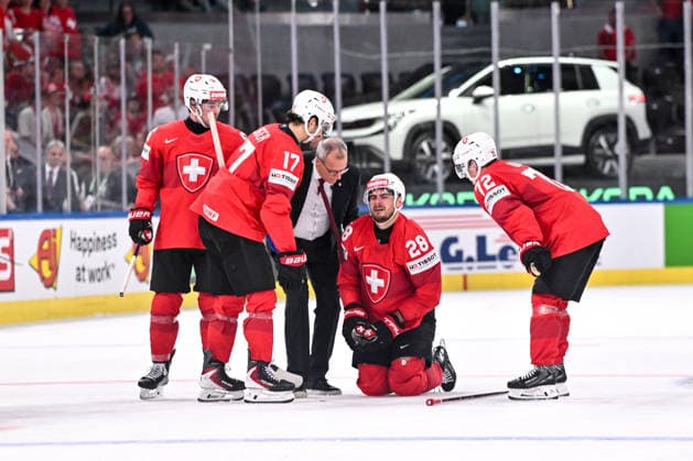 ZURICH, SWITZERLAND - MAY 28: Timo Meier of Switzerland hurting after being hit during the 2026 IIHF Ice hockey, Eishockey World Championship, WM, Weltmeisterschaft Switzerland game between Switzerland and Sweden at Swiss Life Arena on May 28, 2026 in Zurich, Zurich. Zurich Swiss Life Arena Zurich Switzerland Copyright: xJustPictures.ch AndreaxBrancax jp-en-EuSpIm-JP7_ANB_FinCze_28052026_2532
