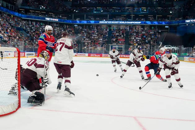 FRIBOURG, SWITZERLAND - MAY 28: Tinus Luc Koblar of Norway 2nd R) in action during the 2026 IIHF Ice hockey, Eishockey World Championship, WM, Weltmeisterschaft Switzerland game between Norway and Latvia at BCF Arena on May 28, 2026 in Fribourg, Fribourg. Fribourg BCF Arena Fribourg Switzerland Copyright: xJustPictures.ch JarixPestelaccix jp-en-EuSpIm-JP6_JAR_Norway_Latvia_28May2026_00079