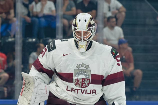 Fribourg, Switzerland - May 28 : Kristers Gudlevskis of Latvia portrait (headshot close up) during the 2026 IIHF Ice hockey, Eishockey World Championship, WM, Weltmeisterschaft Switzerland Quarter Final match between Norway and Latvia at BCF Arena on May 28 , 2026 in Fribourg, Switzerland.  Copyright: xGiuseppexVelletrix Sportspressphoto_SPR156362