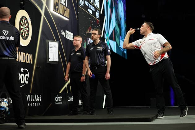 RECORD DATE NOT STATED 28th May 2026, The 02 Arena, London, England; 2026 PDC Bet MGM Premier League Darts Final; Gerwyn Price in action on the oche during his match against Luke Littler HenningxvonxJagow