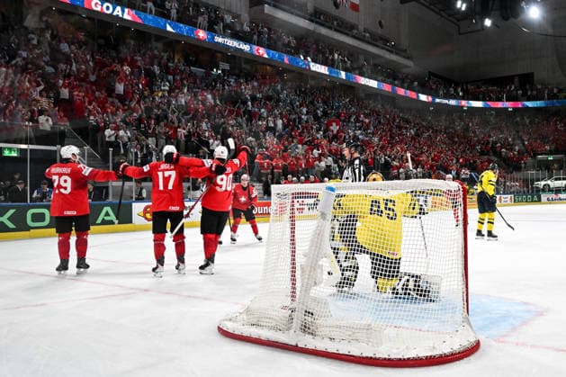 ZURICH, SWITZERLAND - MAY 28: Calvin Thurkauf of Switzerland L) celebrate with Ken Jager of Switzerland C) and Roman Josi of Switzerland R) after scoring a goal against goalkeeper Magnus Hellberg of Sweden during the 2026 IIHF Ice hockey, Eishockey World Championship, WM, Weltmeisterschaft Switzerland game between Switzerland and Sweden at Swiss Life Arena on May 28, 2026 in Zurich, Zurich. Zurich Swiss Life Arena Zurich Switzerland Copyright: xJustPictures.ch AndreaxBrancax jp-en-EuSpIm-JP7_ANB_FinCze_28052026_6038