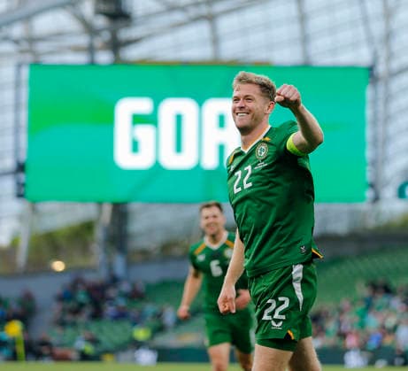 RECORD DATE NOT STATED 28th May 2026; Aviva Stadium, Dublin, Ireland; International Friendly, Länderspiel, Nationalmannschaft Football, Republic of Ireland versus Qatar; Nathan Collins of Ireland celebrates scoring in the 4th minute 1 - 0 PeterxFitzpatrick
