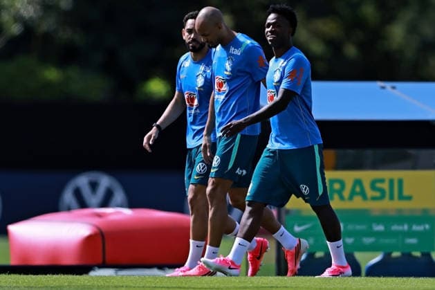 28th May 2026; Teresopolis, Brazil: (L-R) Matheus Cunha, Fabinho and Vinicius Jr. of Brazil during a training session at the Granja Comary training center in Teresopolis, Rio de Janeiro, Brazil, on May 28, 2026, ahead of the FIFA World Cup, WM, Weltmeisterschaft, Fussball 2026 HeulerxAndrey