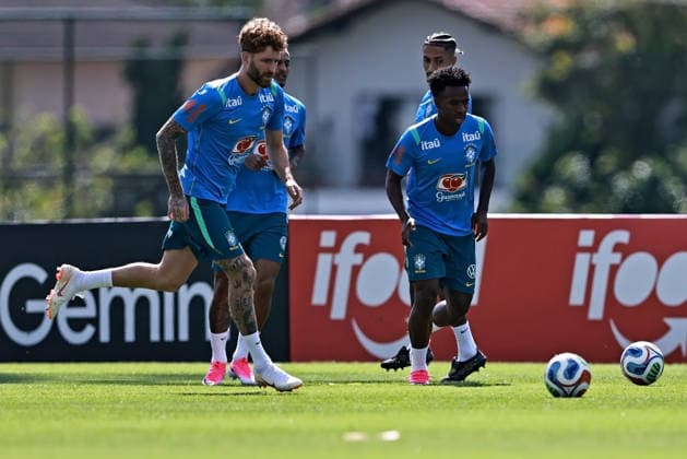 28th May 2026; Teresopolis, Brazil: Leo Pereira and Vinicius Jr. of Brazil during a training session at the Granja Comary training center in Teresopolis, Rio de Janeiro, Brazil, on May 28, 2026, ahead of the FIFA World Cup, WM, Weltmeisterschaft, Fussball 2026 HeulerxAndrey