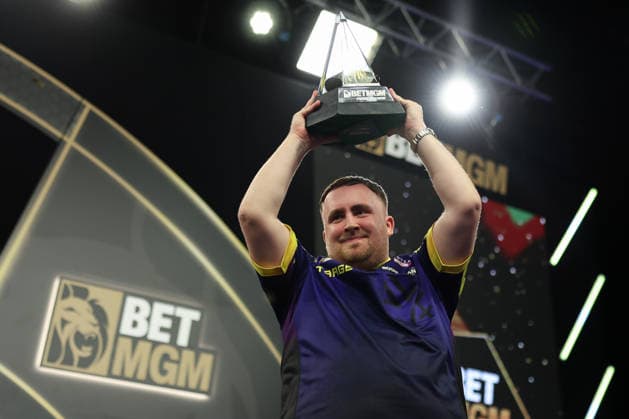 RECORD DATE NOT STATED 28th May 2026, The 02 Arena, London, England; 2026 PDC Bet MGM Premier League Darts Final; Luke Littler lifts the trophy after winning the final against Luke Humphries HenningxvonxJagow