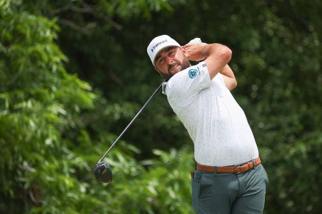 FORT WORTH, TX - MAY 28: Stephan Jaeger (GER) hits from the 12th tee during the Charles Schwab Challenge on May 28, 2026 at Colonial Country Club in Fort Worth, TX. (Photo by George Walker Icon Sportswire) GOLF: MAY 28 PGA, Golf Herren Charles Schwab Challenge EDITORIAL USE ONLY Icon26052817